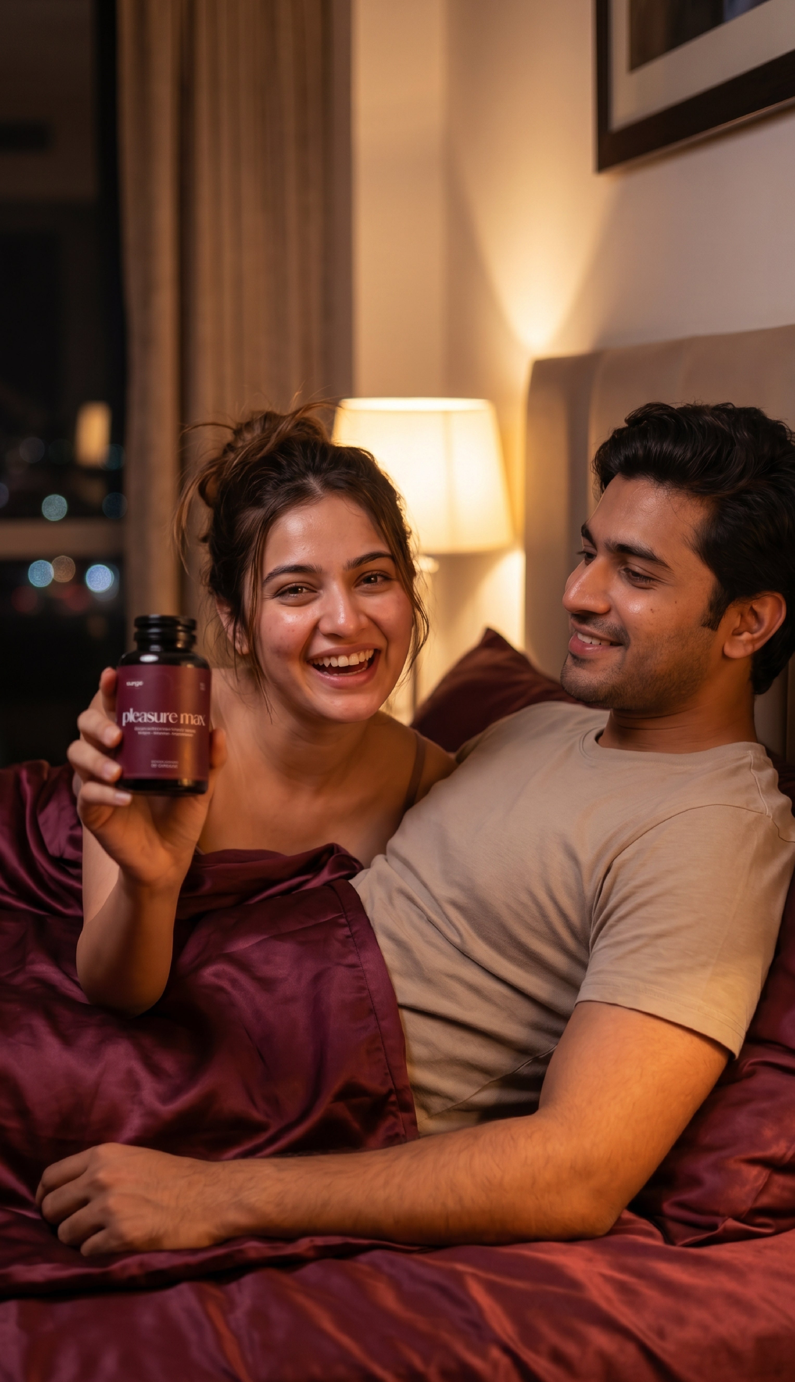 A smiling woman in bed holds up a dark bottle with a burgundy label toward a man lying beside her, who is wearing a beige t-shirt. The room is warmly lit by a bedside lamp, and they are covered with burgundy satin bedding. 

holding a bottle of 'pleasure max' supplements, 