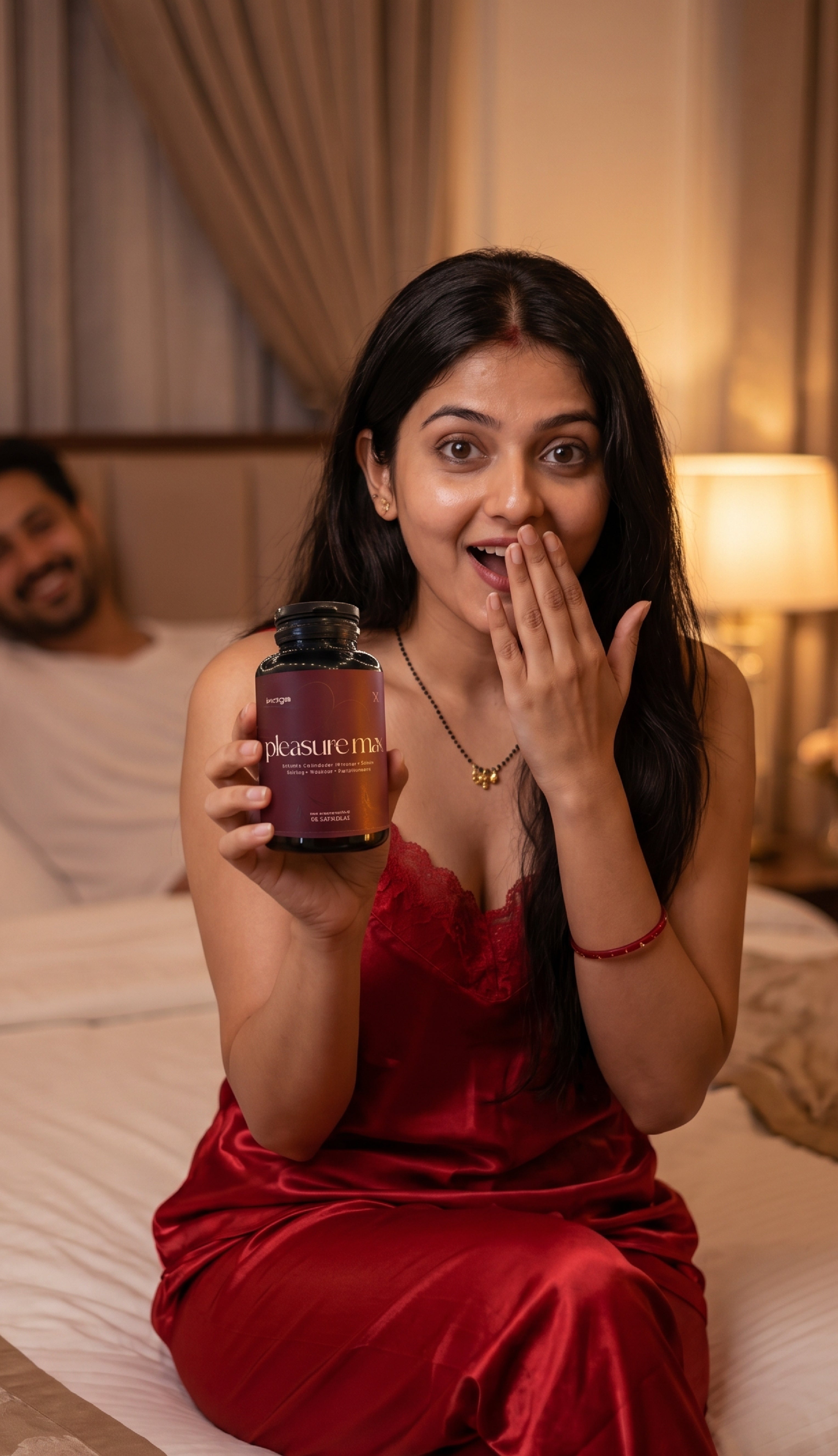 A woman in a red satin slip dress sits on a bed holding a bottle of PROSPERITA dietary supplements, looking surprised and happy, with a man blurred in the background.